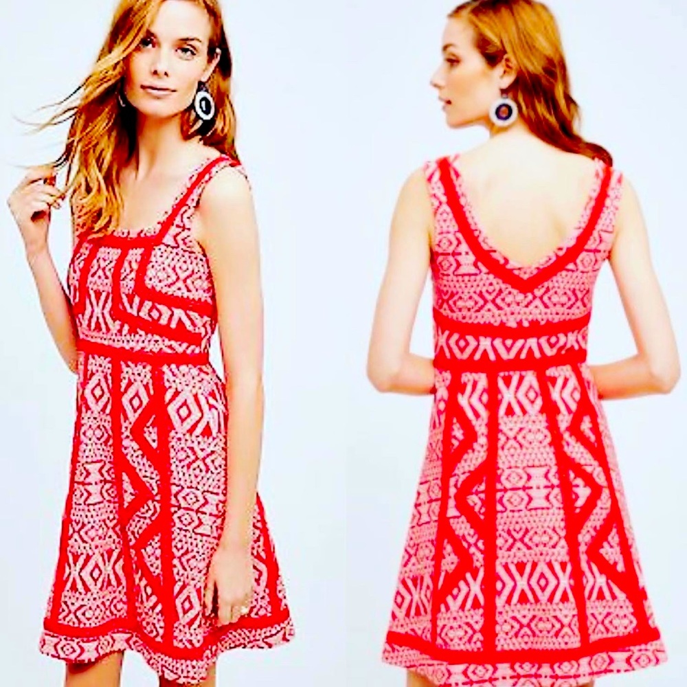 🔥NWOT MAEVE ANTHROPOLOGIE TRIBAL CROCHET RED WHITE DRESS 2 AVAIL S (2) & L (10)